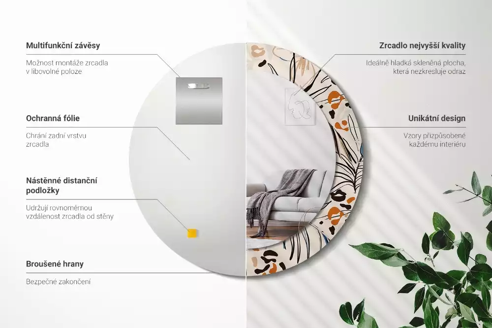 Espelho decorativo redondo Flores com padrão de selva