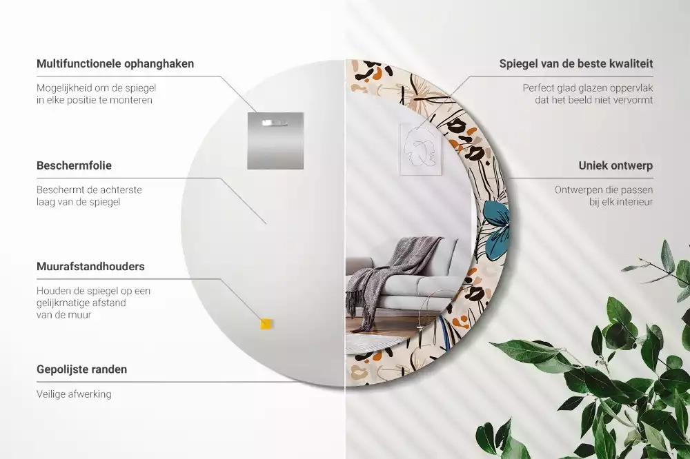 Espelho decorativo redondo Flores com padrão de selva