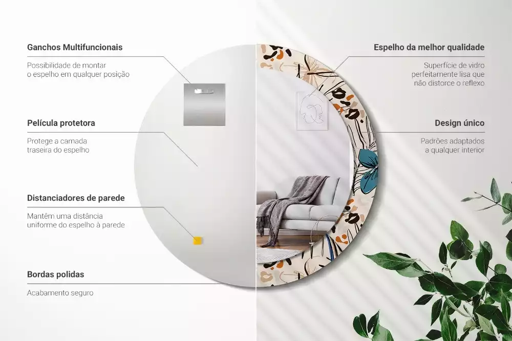Espelho decorativo redondo Flores com padrão de selva