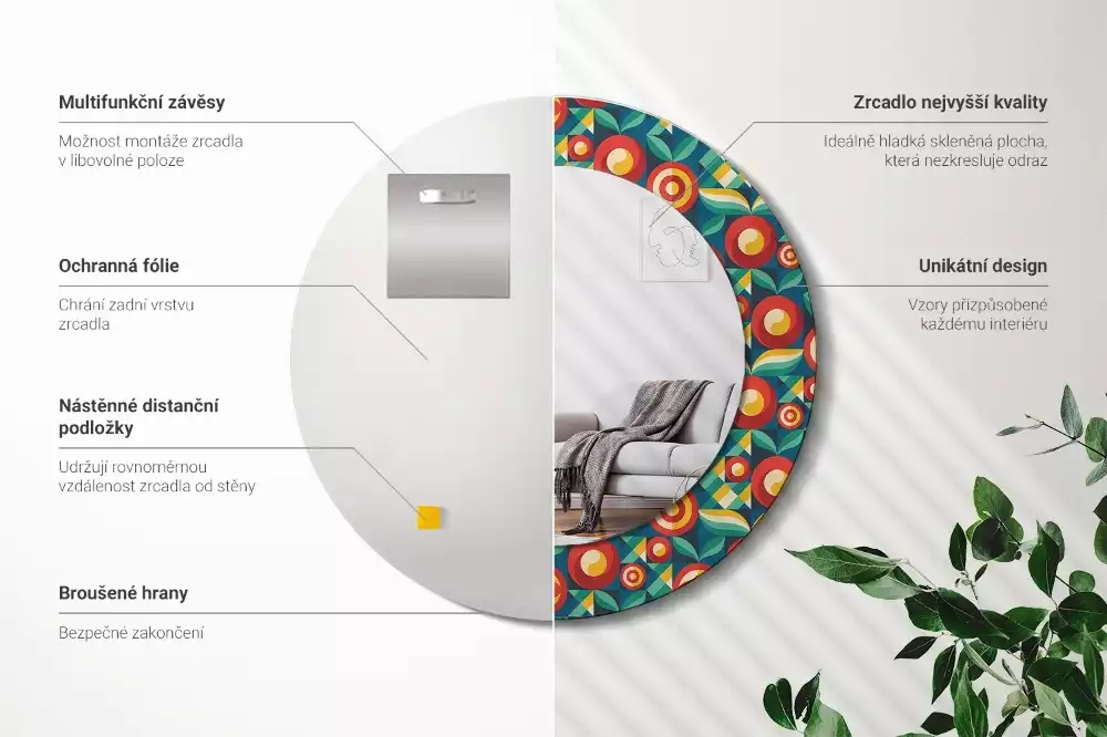 Espelho redondo decorativo Frutas e folhas geométricas