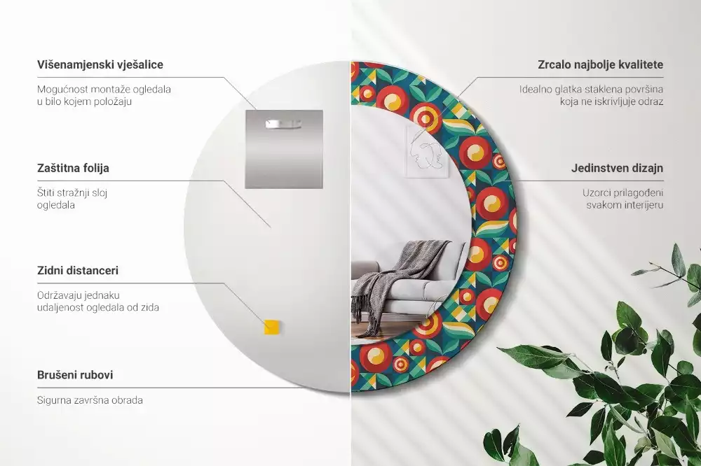 Espelho redondo decorativo Frutas e folhas geométricas