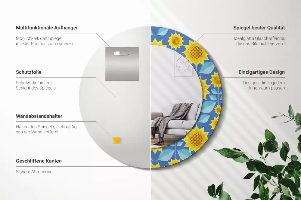 Espelho decorativo redondo Girassóis geométricos