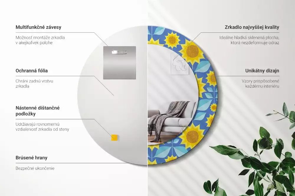 Espelho decorativo redondo Girassóis geométricos