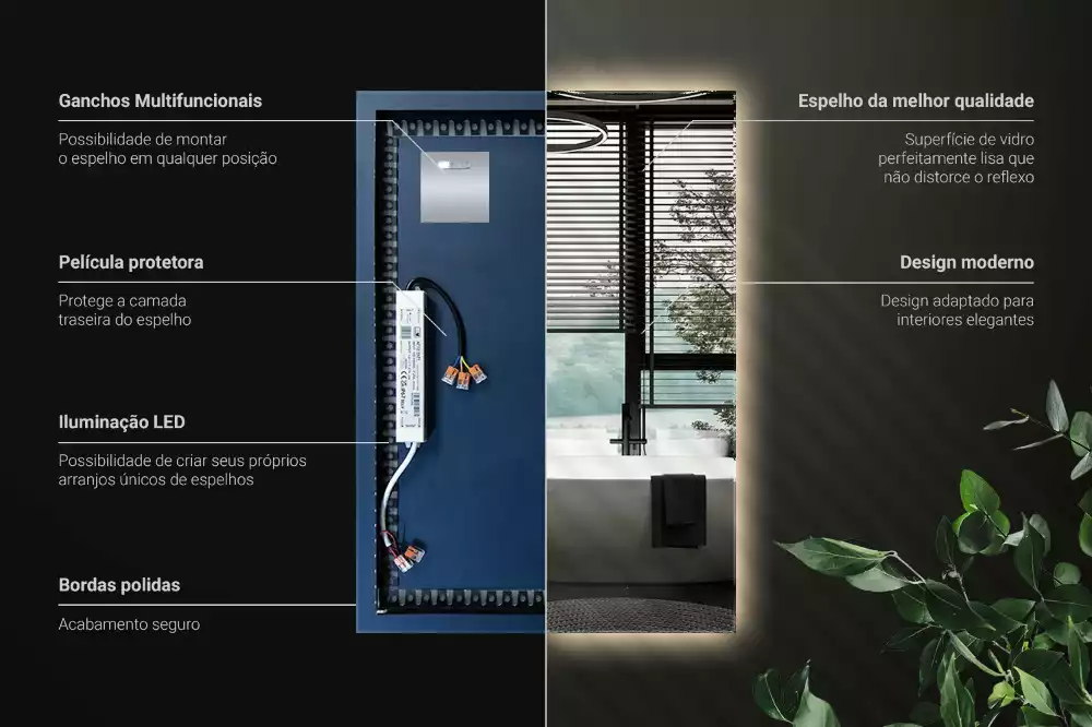 Espelho retangular com retroiluminação LED