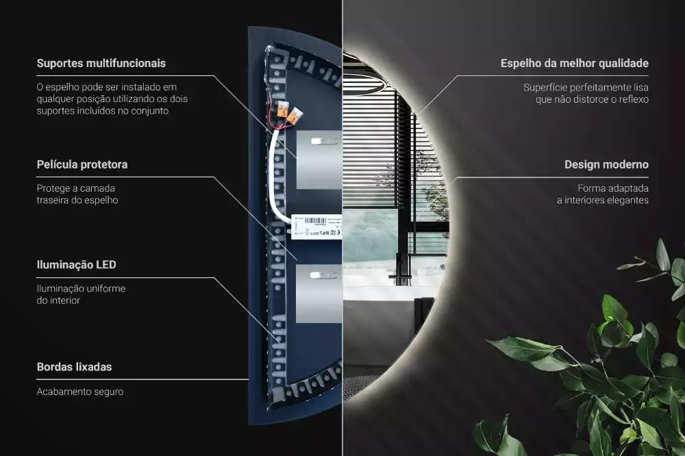 Espelho meia lua com led acessório elegante