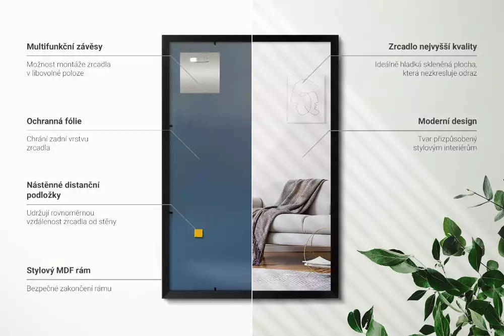 Espelho retangular com moldura preta para parede