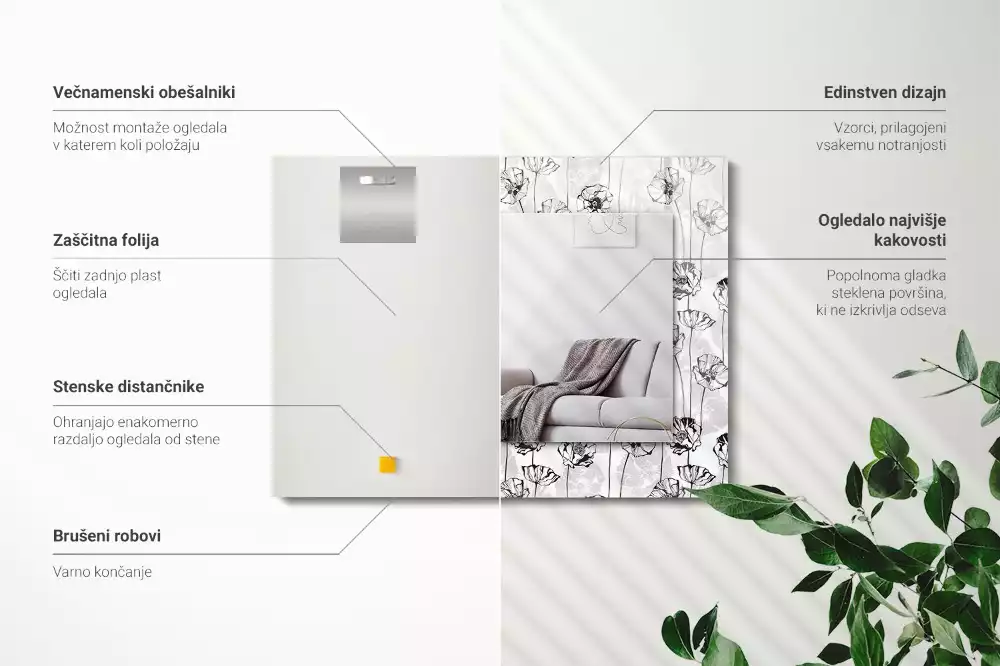 Espelho com moldura decorada Padrão monocromático de flores