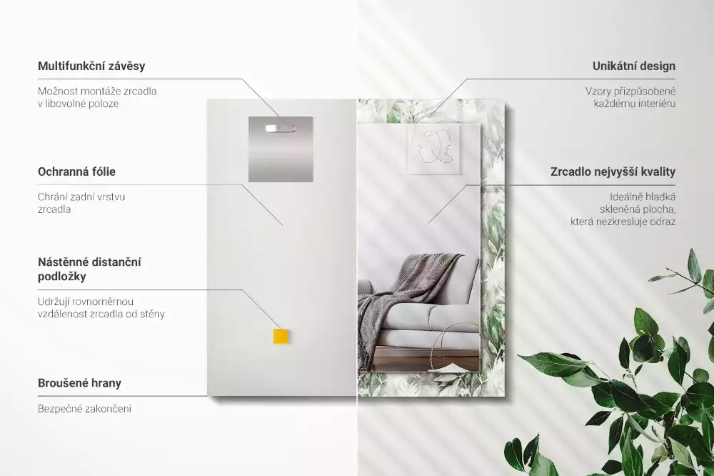 Espelho com moldura decorada Padrão de folhas verdes