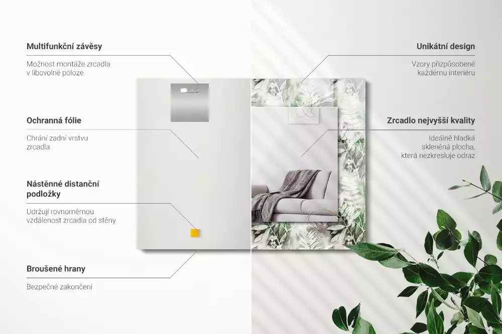 Espelho com moldura decorada Padrão de folhas verdes