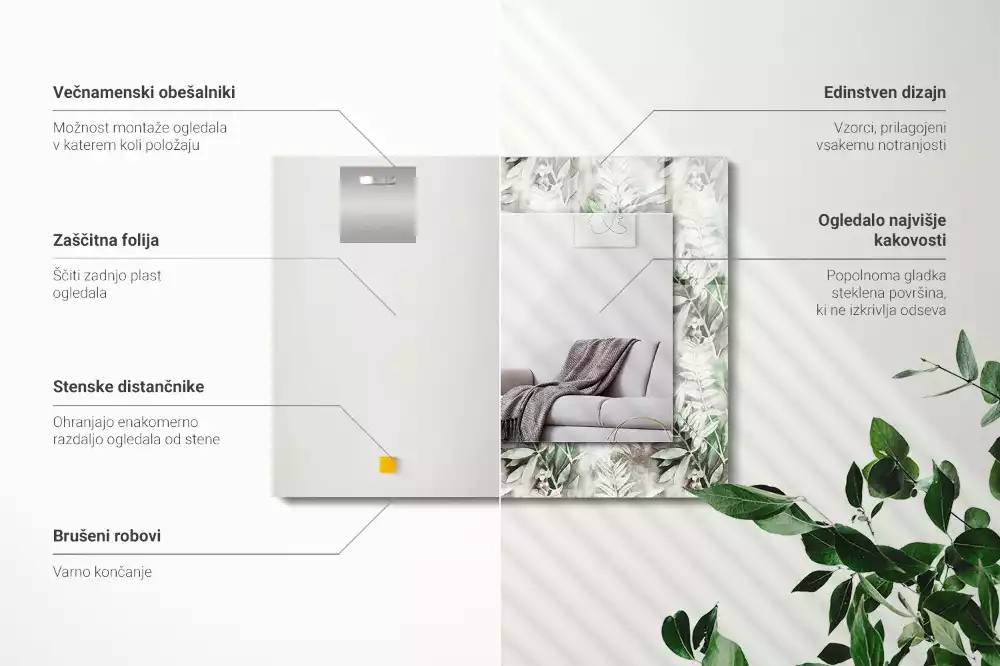 Espelho com moldura decorada Padrão de folhas verdes