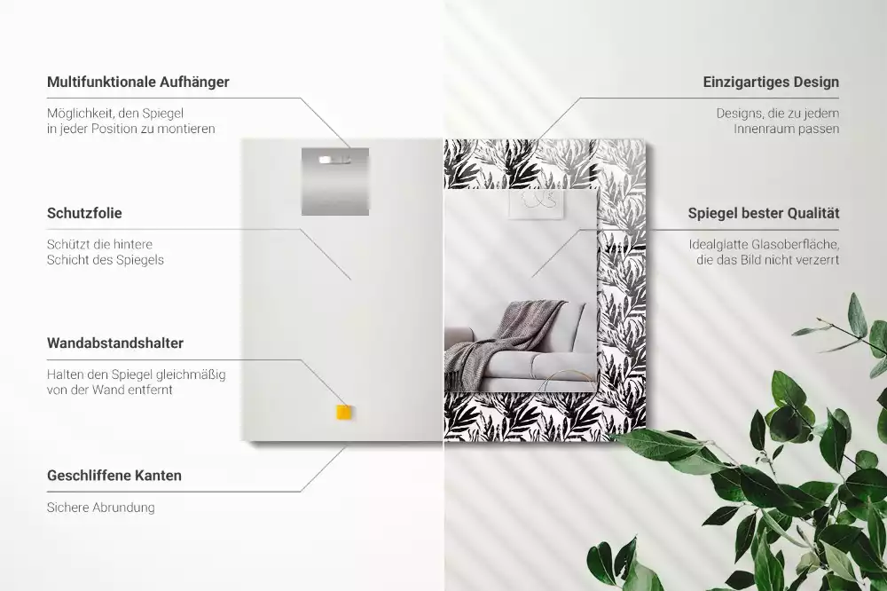 Espelho com moldura decorada Folhas pretas e brancas