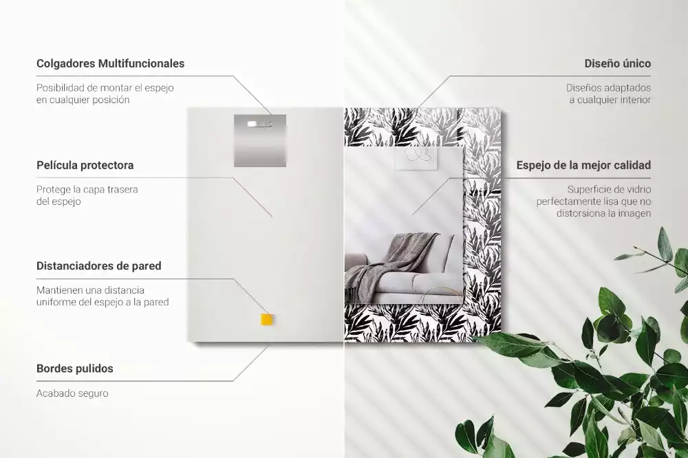 Espelho com moldura decorada Folhas pretas e brancas