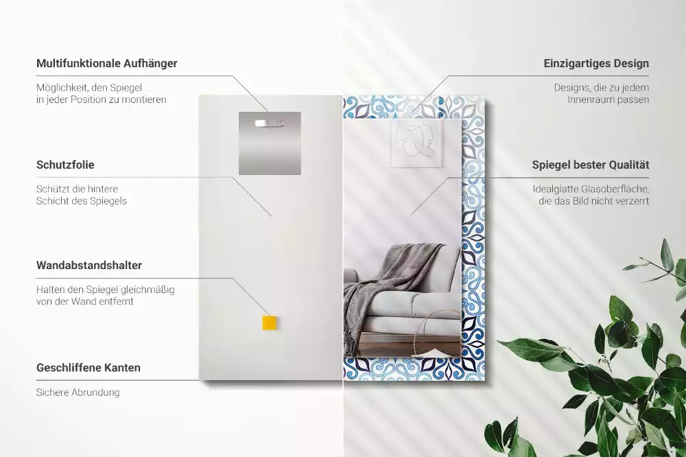 Espelho com moldura decorada Padrão ornamental azul