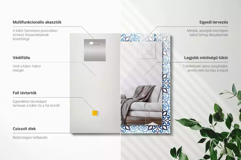 Espelho com moldura decorada Padrão ornamental azul