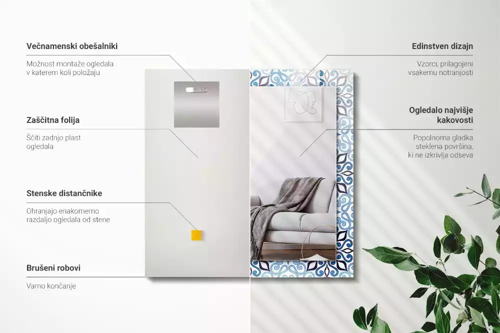 Espelho com moldura decorada Padrão ornamental azul