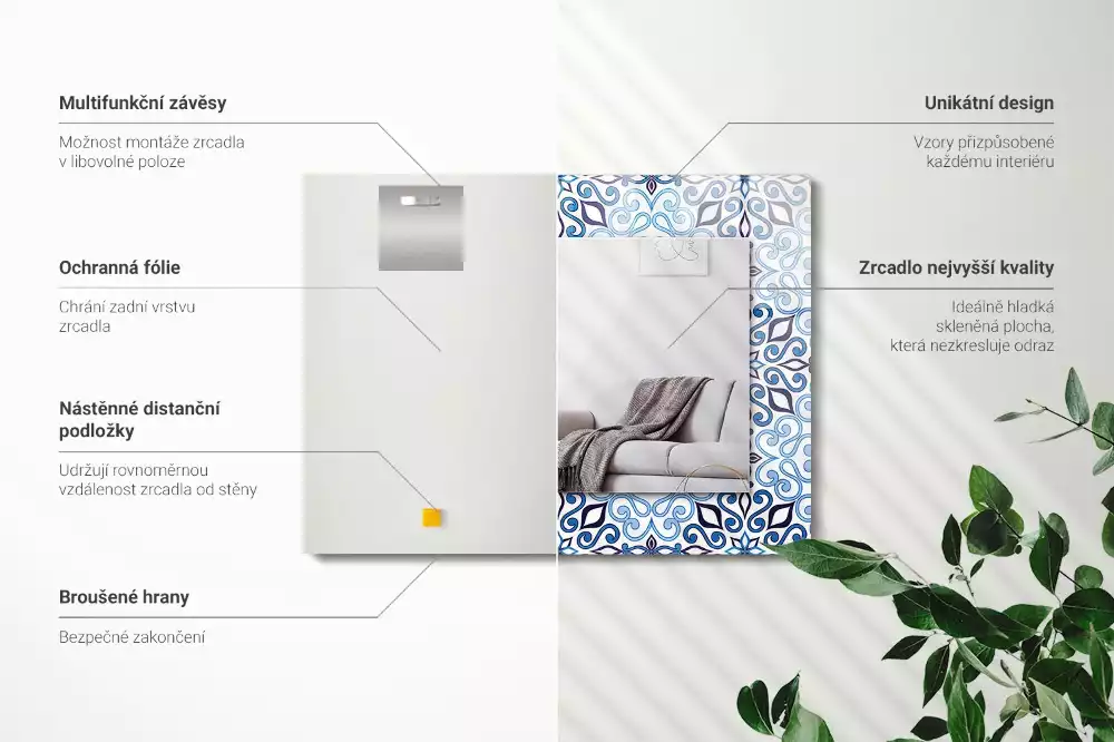 Espelho com moldura decorada Padrão ornamental azul