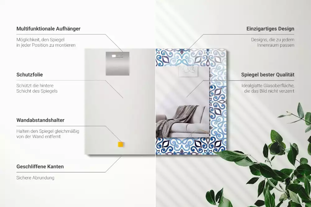 Espelho com moldura decorada Padrão ornamental azul