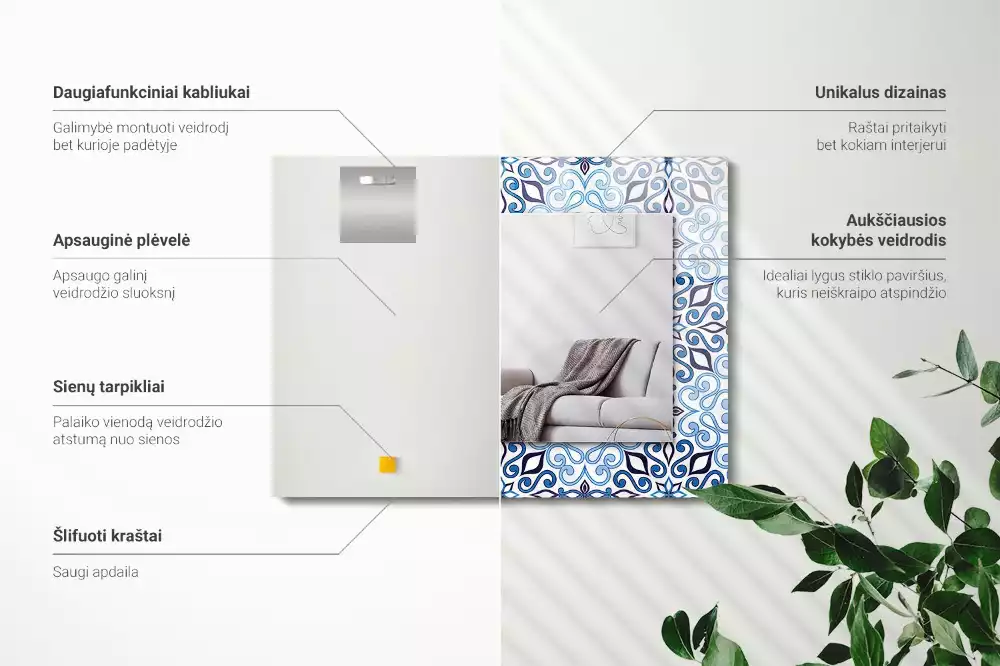 Espelho com moldura decorada Padrão ornamental azul