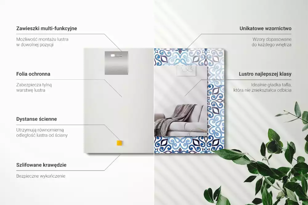 Espelho com moldura decorada Padrão ornamental azul