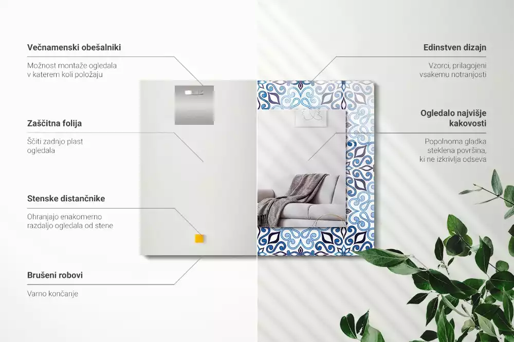 Espelho com moldura decorada Padrão ornamental azul