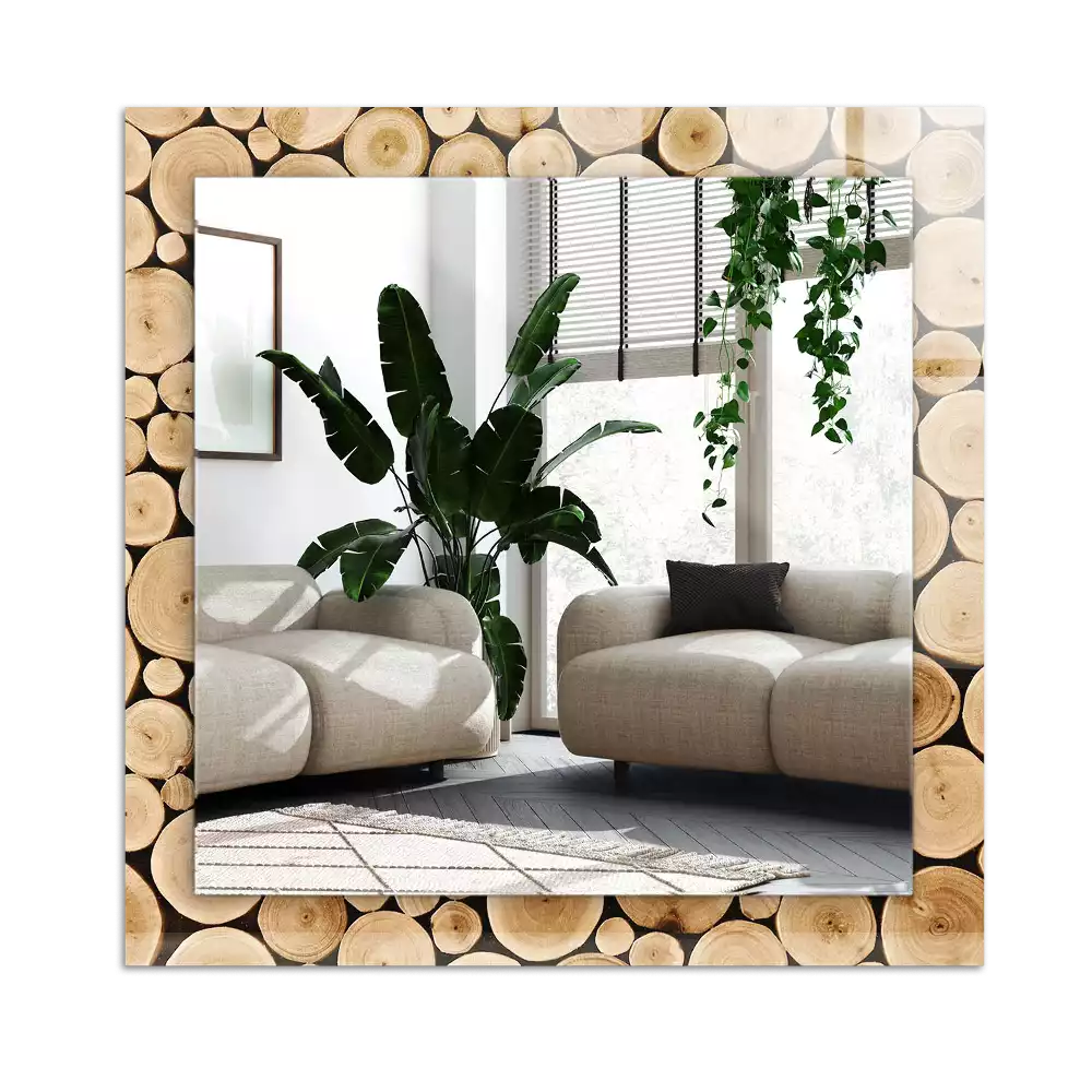 Espelho com moldura decorada Cortes transversais de troncos de árvores