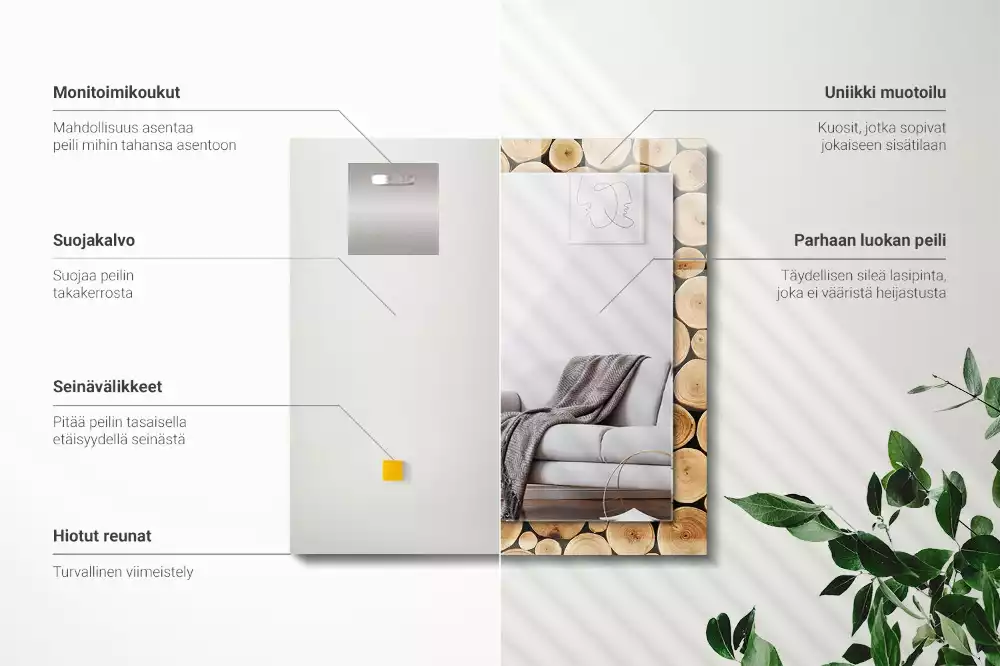 Espelho com moldura decorada Cortes transversais de troncos de árvores