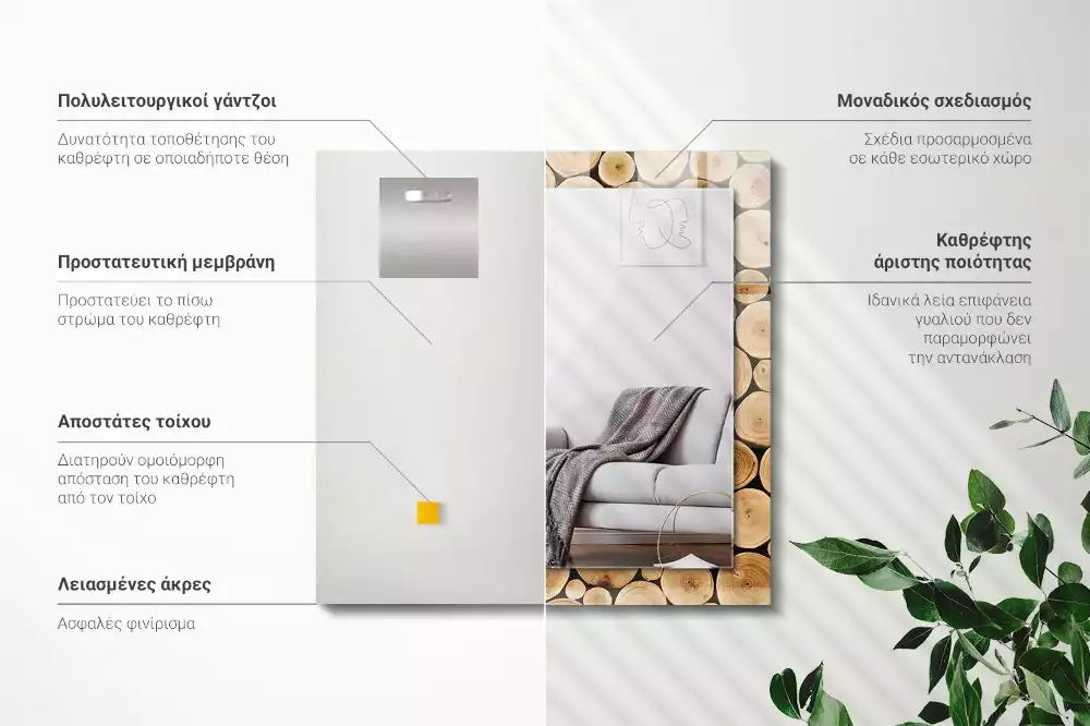 Espelho com moldura decorada Cortes transversais de troncos de árvores