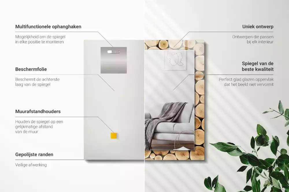 Espelho com moldura decorada Cortes transversais de troncos de árvores