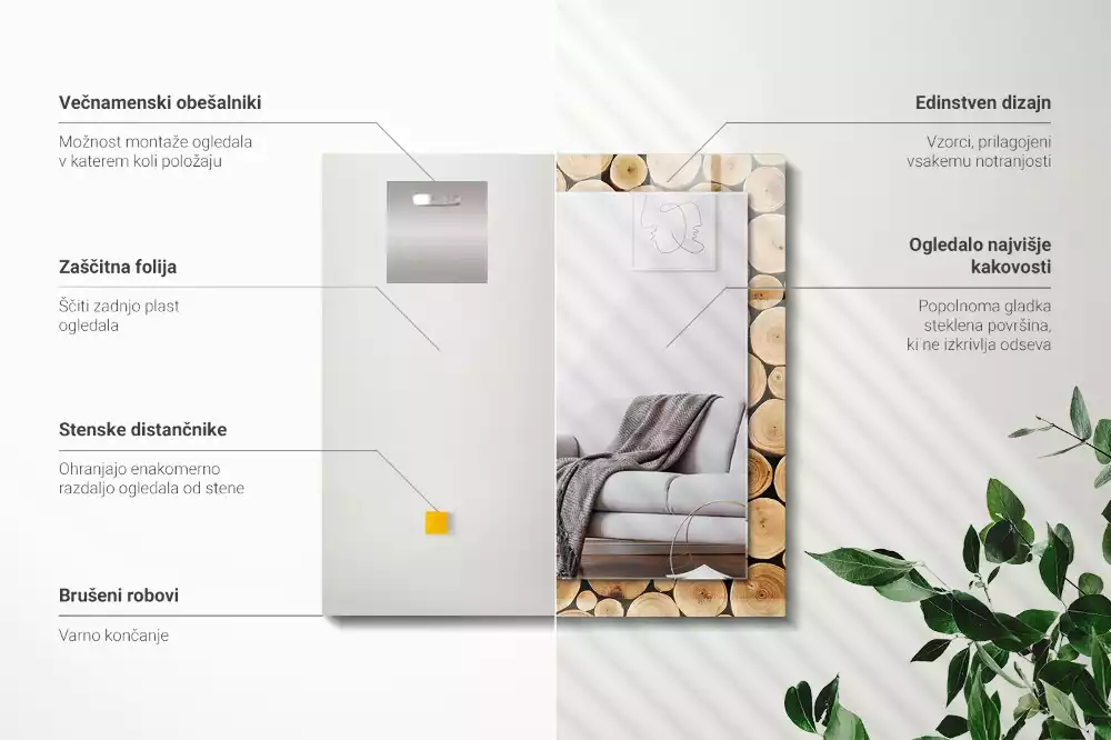 Espelho com moldura decorada Cortes transversais de troncos de árvores