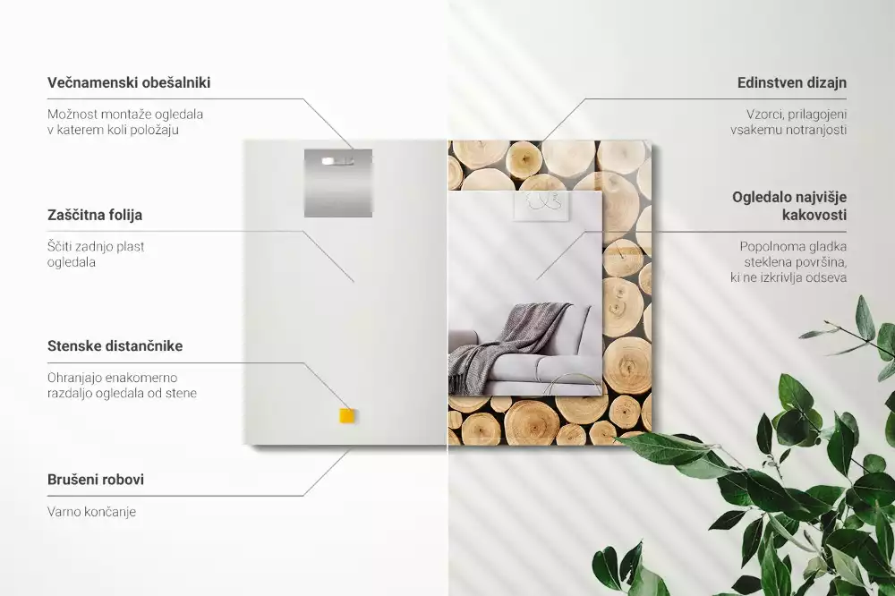 Espelho com moldura decorada Cortes transversais de troncos de árvores