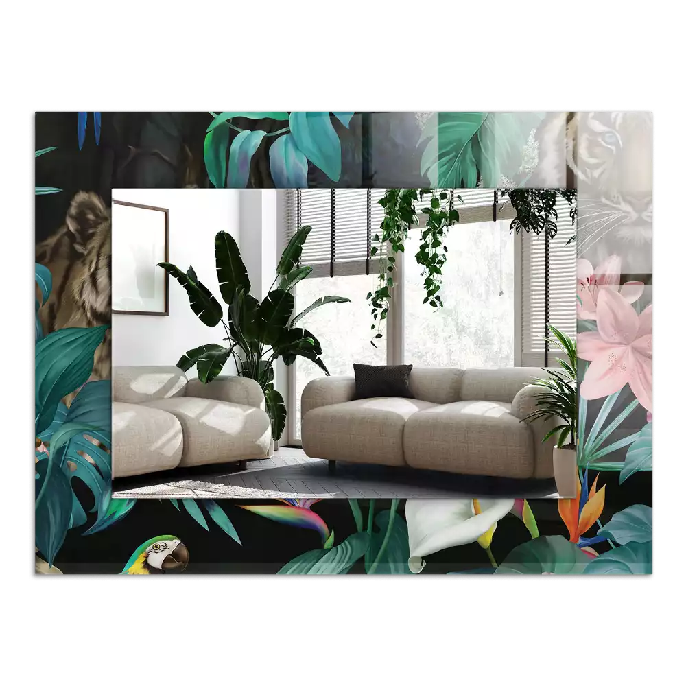 Espelho com moldura decorada Tigres papagaios selva