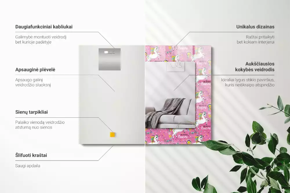 Espelho decorado Corações de arco-íris de unicórnio