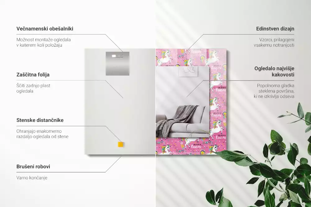 Espelho decorado Corações de arco-íris de unicórnio