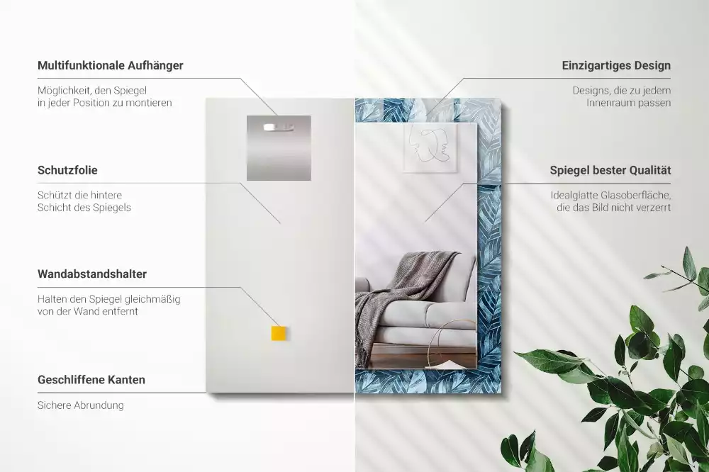 Espelho com moldura decorada Padrão de folhas azuis