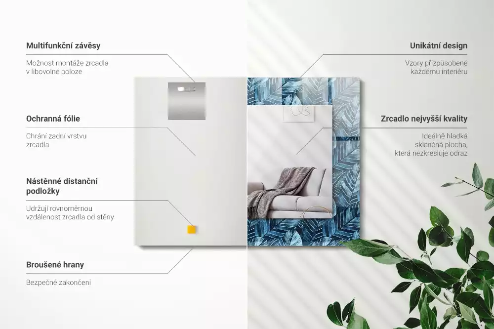 Espelho com moldura decorada Padrão de folhas azuis