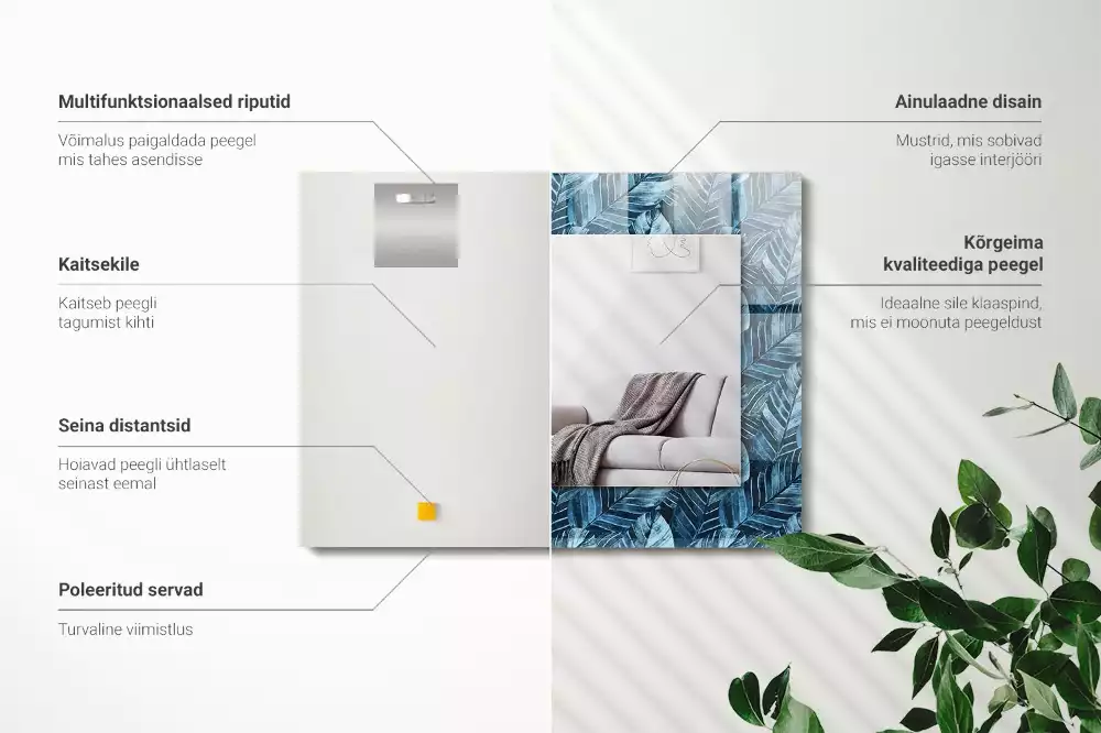 Espelho com moldura decorada Padrão de folhas azuis