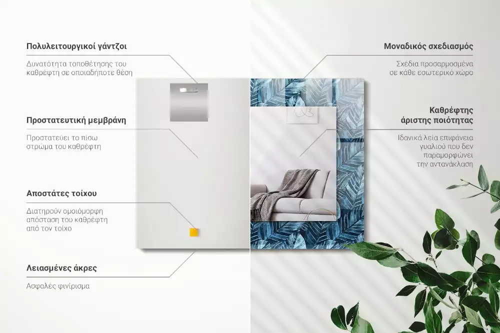 Espelho com moldura decorada Padrão de folhas azuis