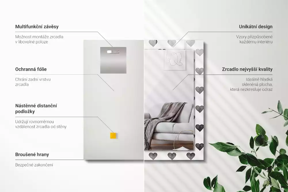 Espelho com moldura decorada Padrão de corações pretos