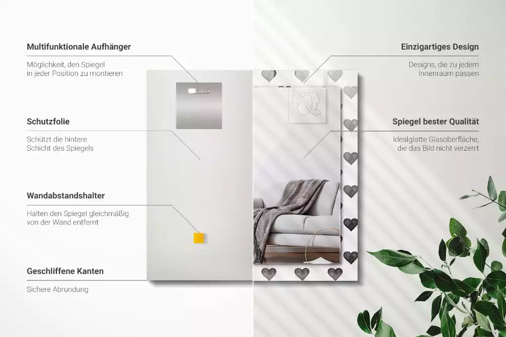 Espelho com moldura decorada Padrão de corações pretos