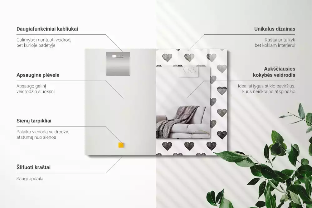 Espelho com moldura decorada Padrão de corações pretos