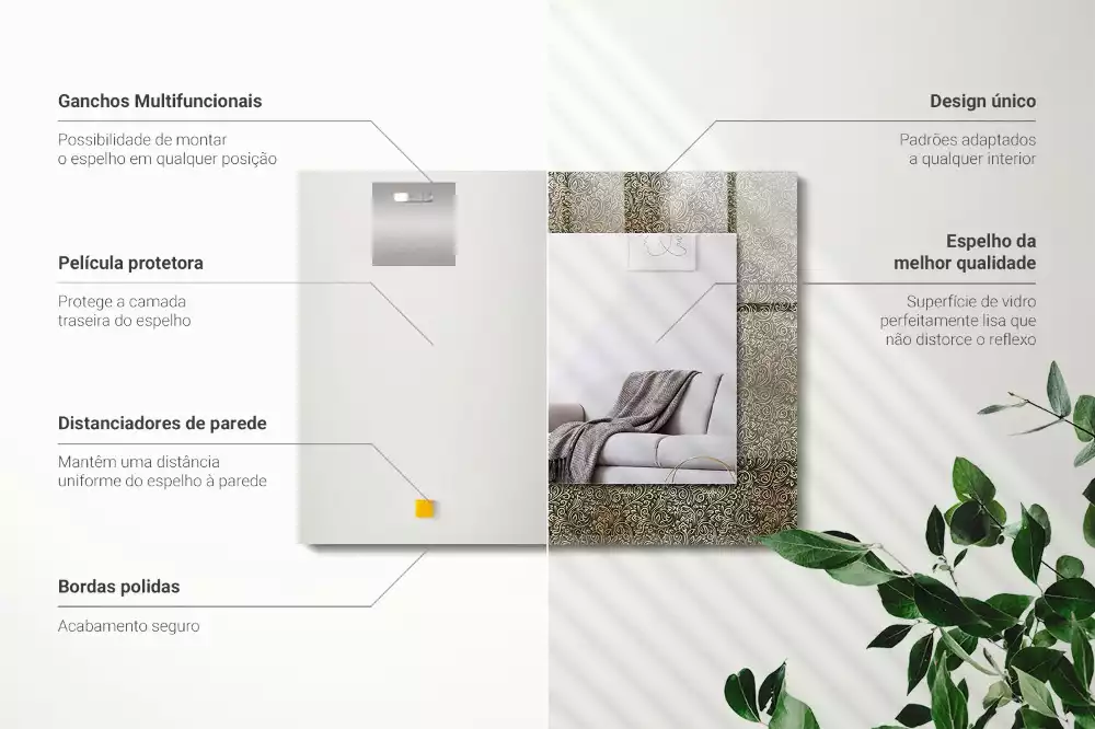 Espelho com moldura decorada Padrão ornamental dourado