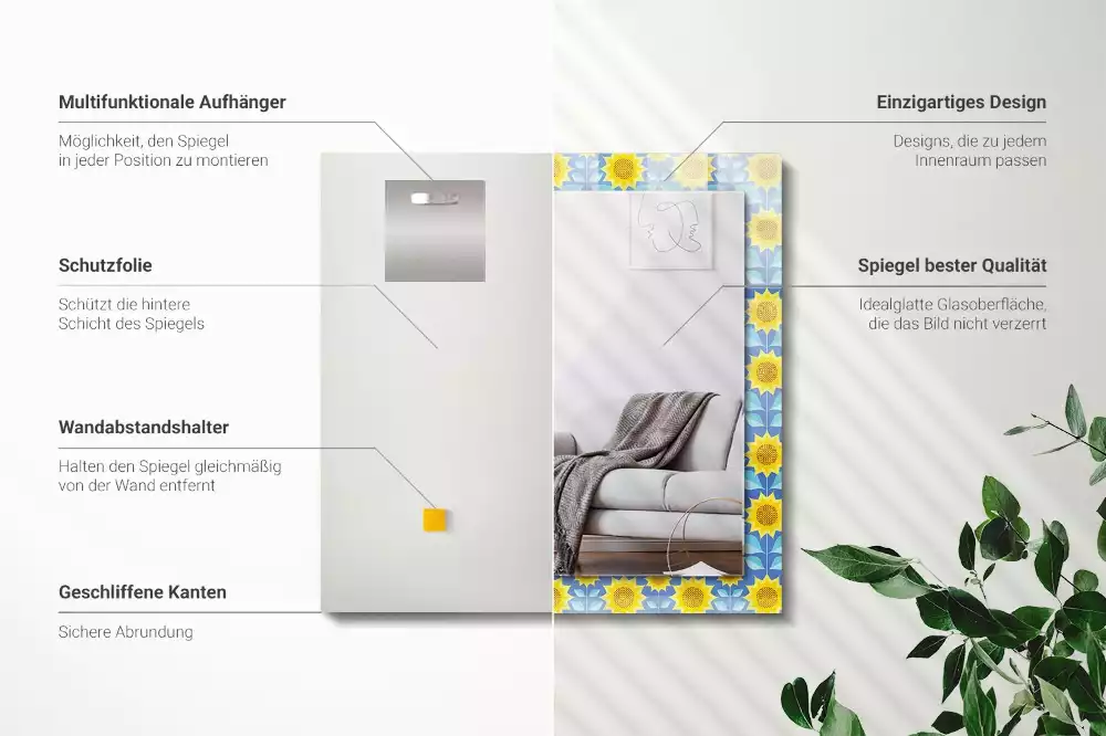 Espelho com moldura decorada Padrão de folhas de girassóis