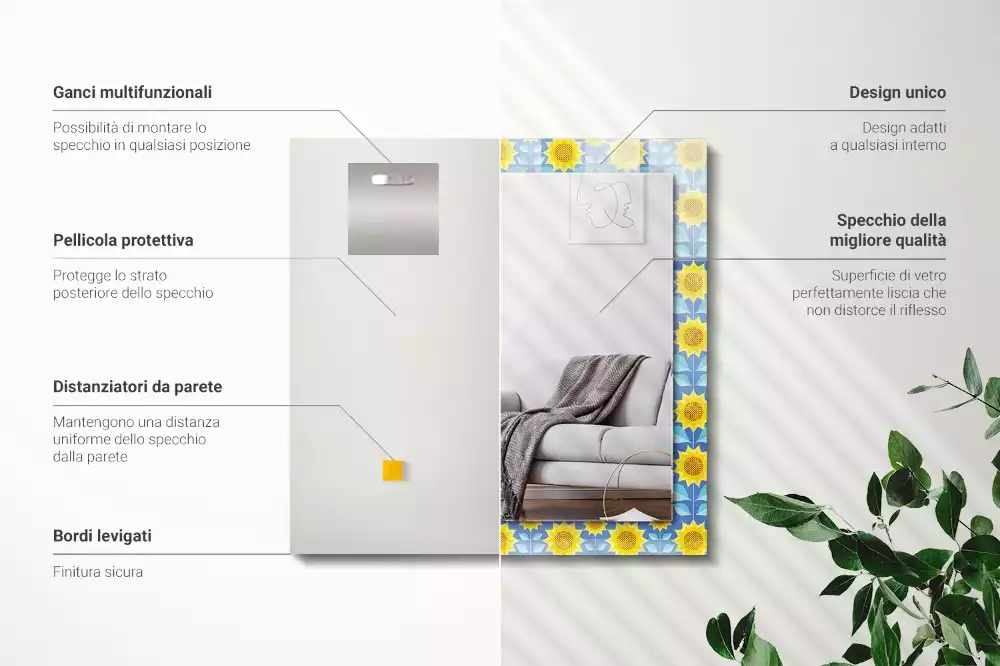 Espelho com moldura decorada Padrão de folhas de girassóis