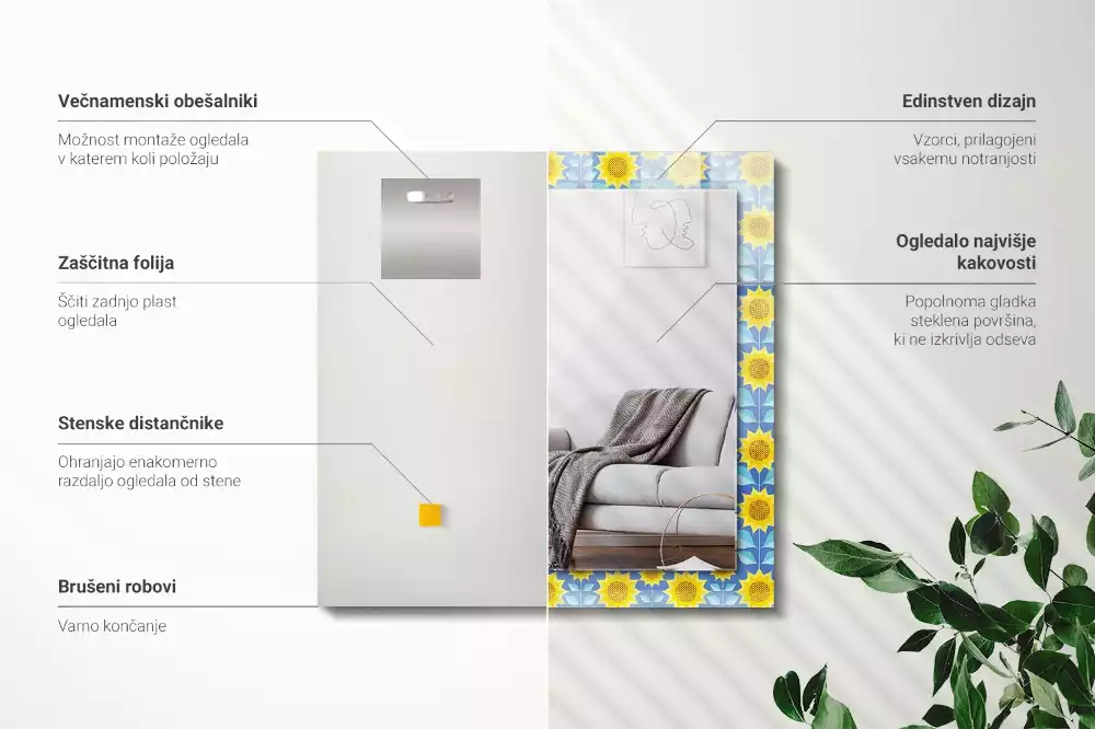 Espelho com moldura decorada Padrão de folhas de girassóis