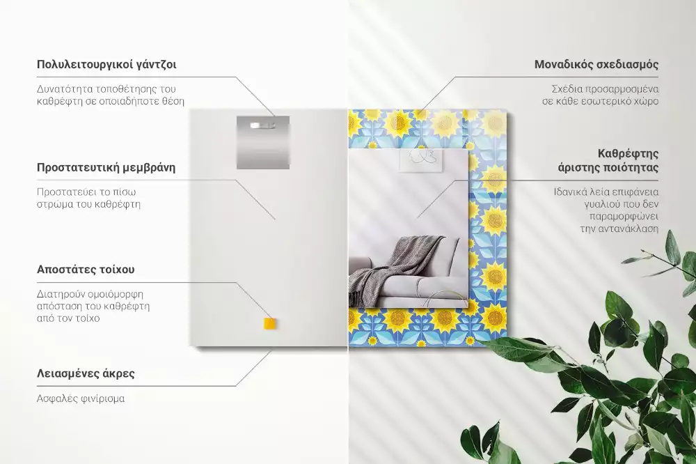 Espelho com moldura decorada Padrão de folhas de girassóis