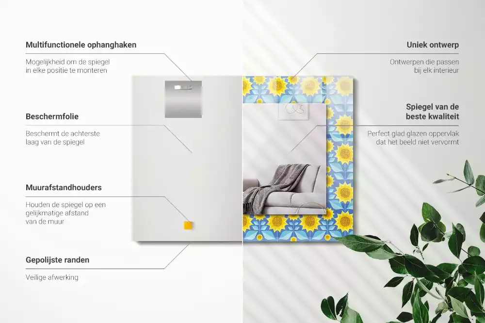 Espelho com moldura decorada Padrão de folhas de girassóis