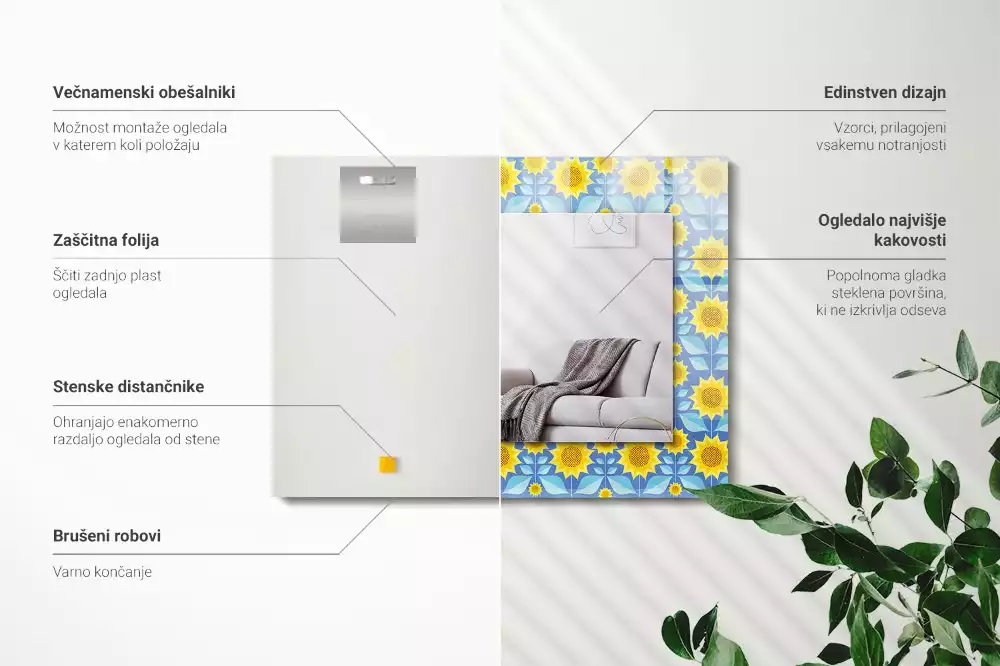 Espelho com moldura decorada Padrão de folhas de girassóis