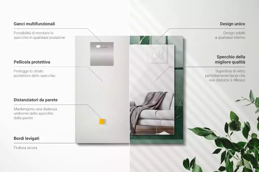 Espelho decorado Folhas verdes douradas