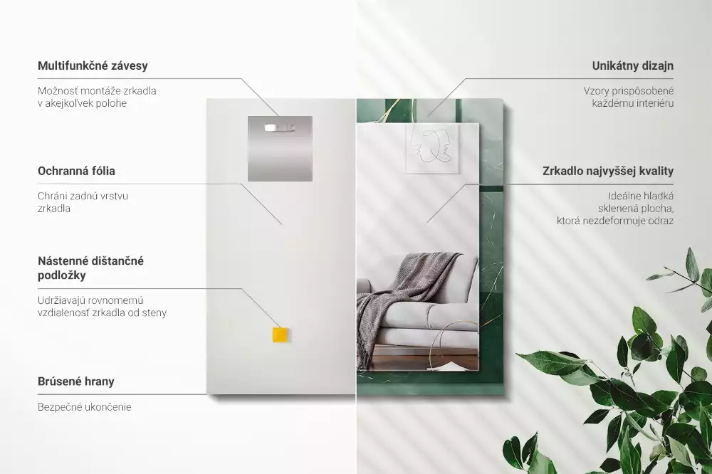 Espelho decorado Folhas verdes douradas