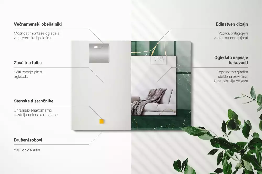 Espelho decorado Folhas verdes douradas